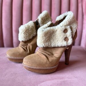 UGG Tan Suede Ankle Boots with Shearling Cuff